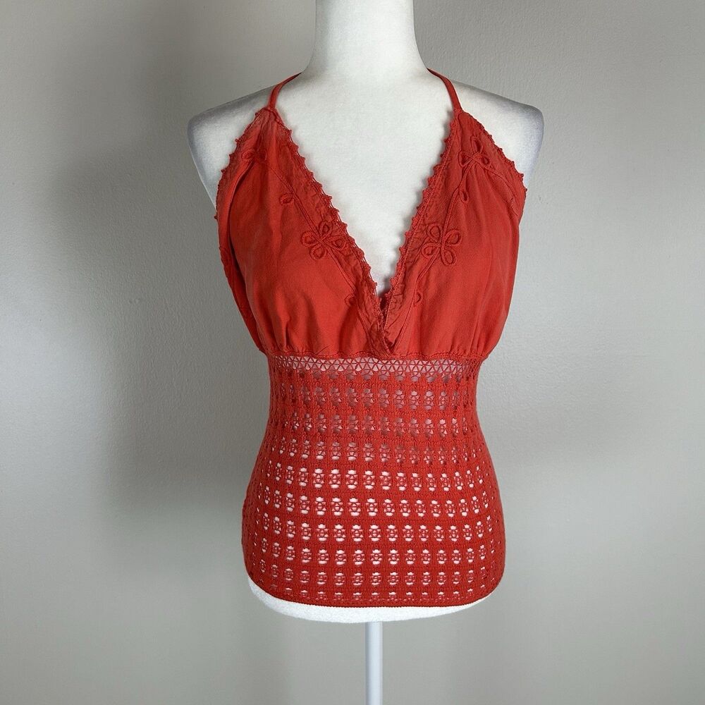 Red Crochet Babydoll Top L Cami Tank Halter V-neck Y2K Festival Sheer